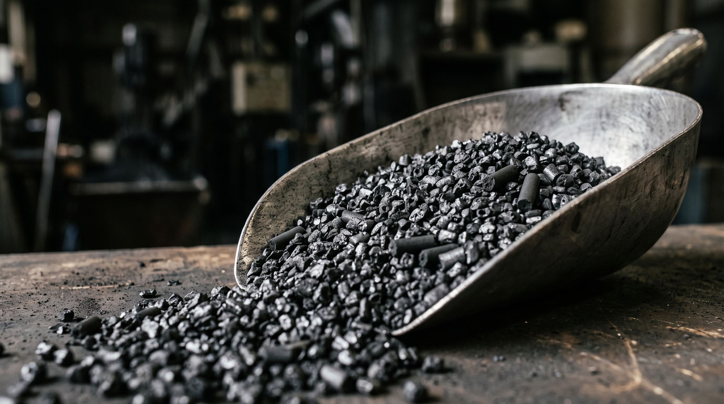 Illustration: granular activated carbon heaped in a steel scoop