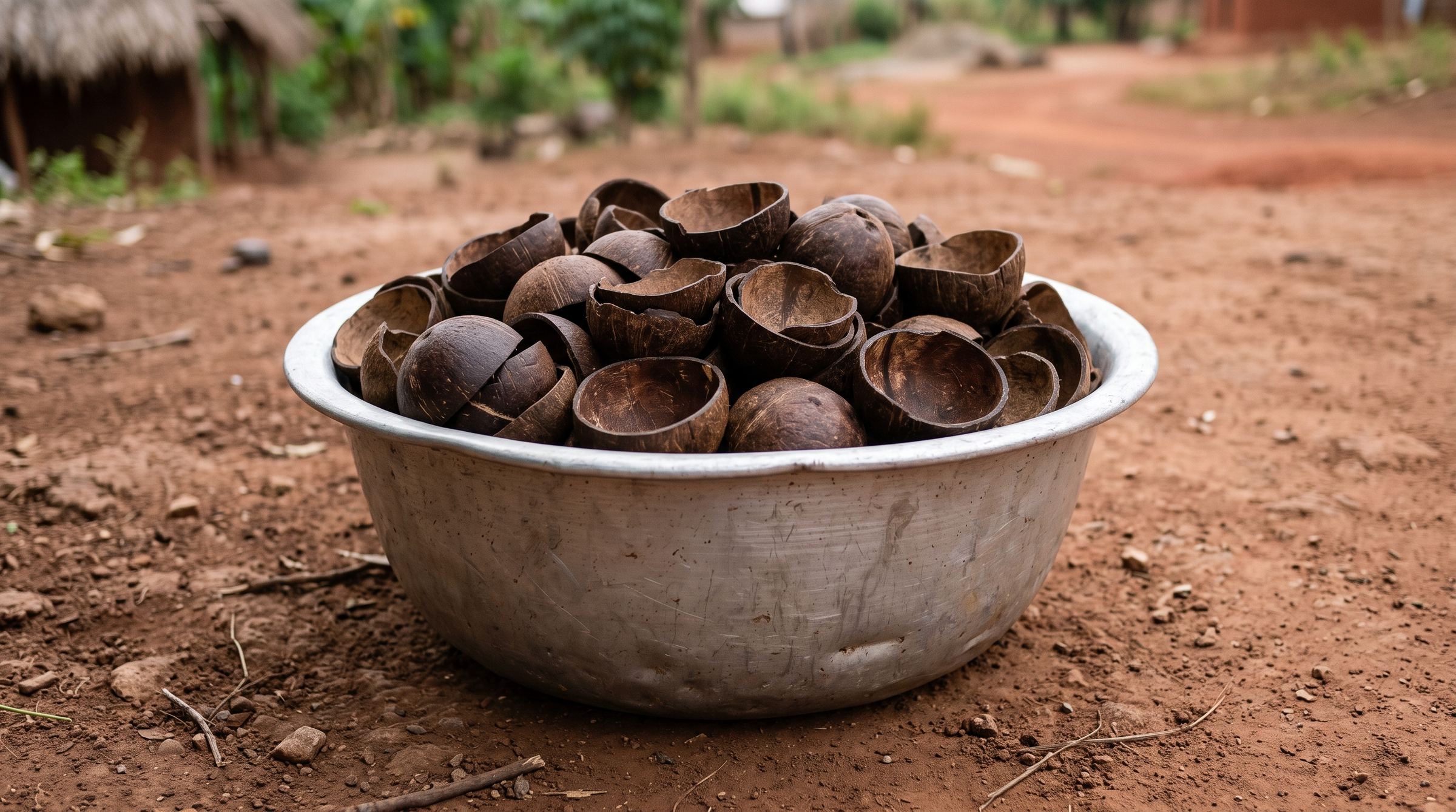 Illustration: a metal basin filled with split coconut shell halves