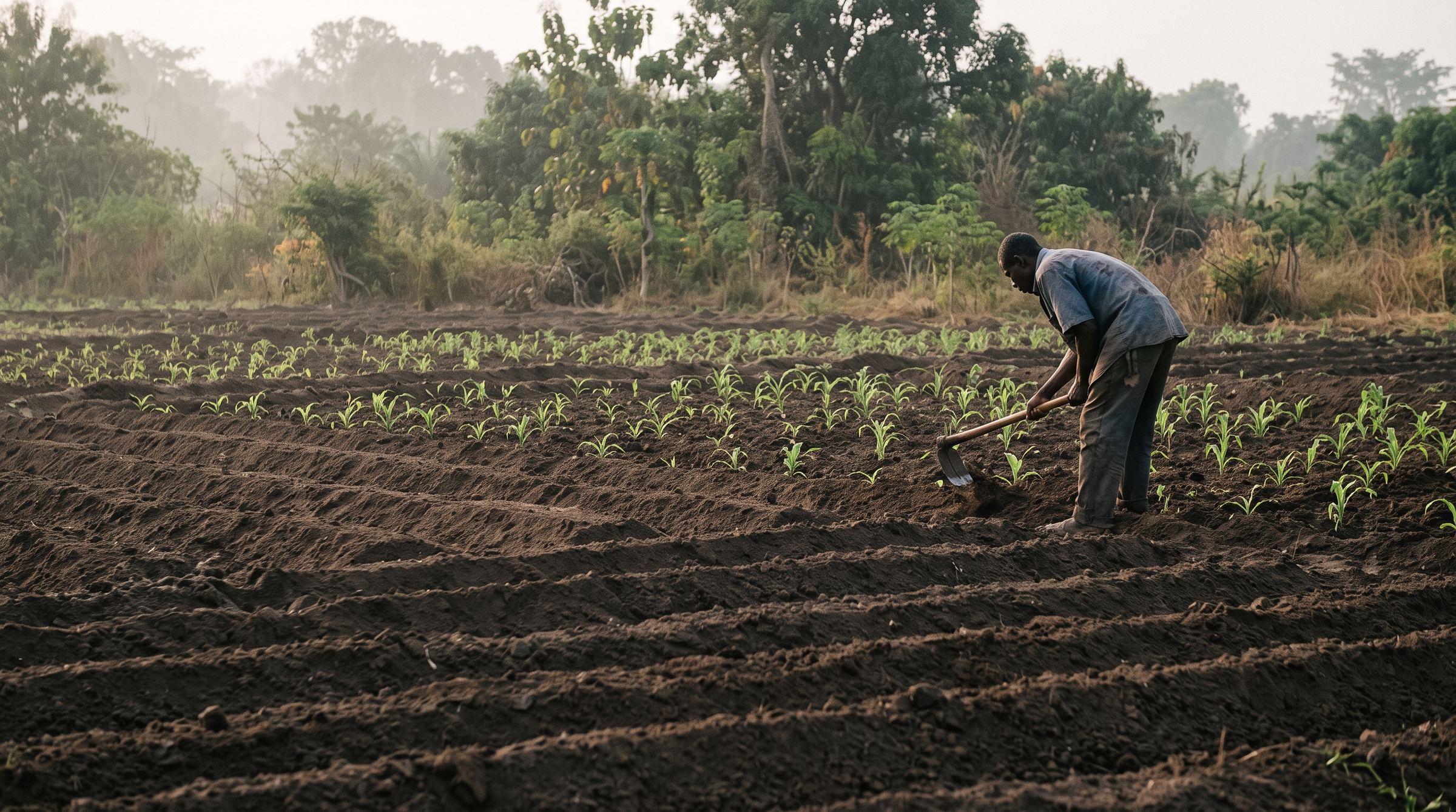 Illustration: a farmer hoeing a field of young maize seedlings in worked soil, early morning