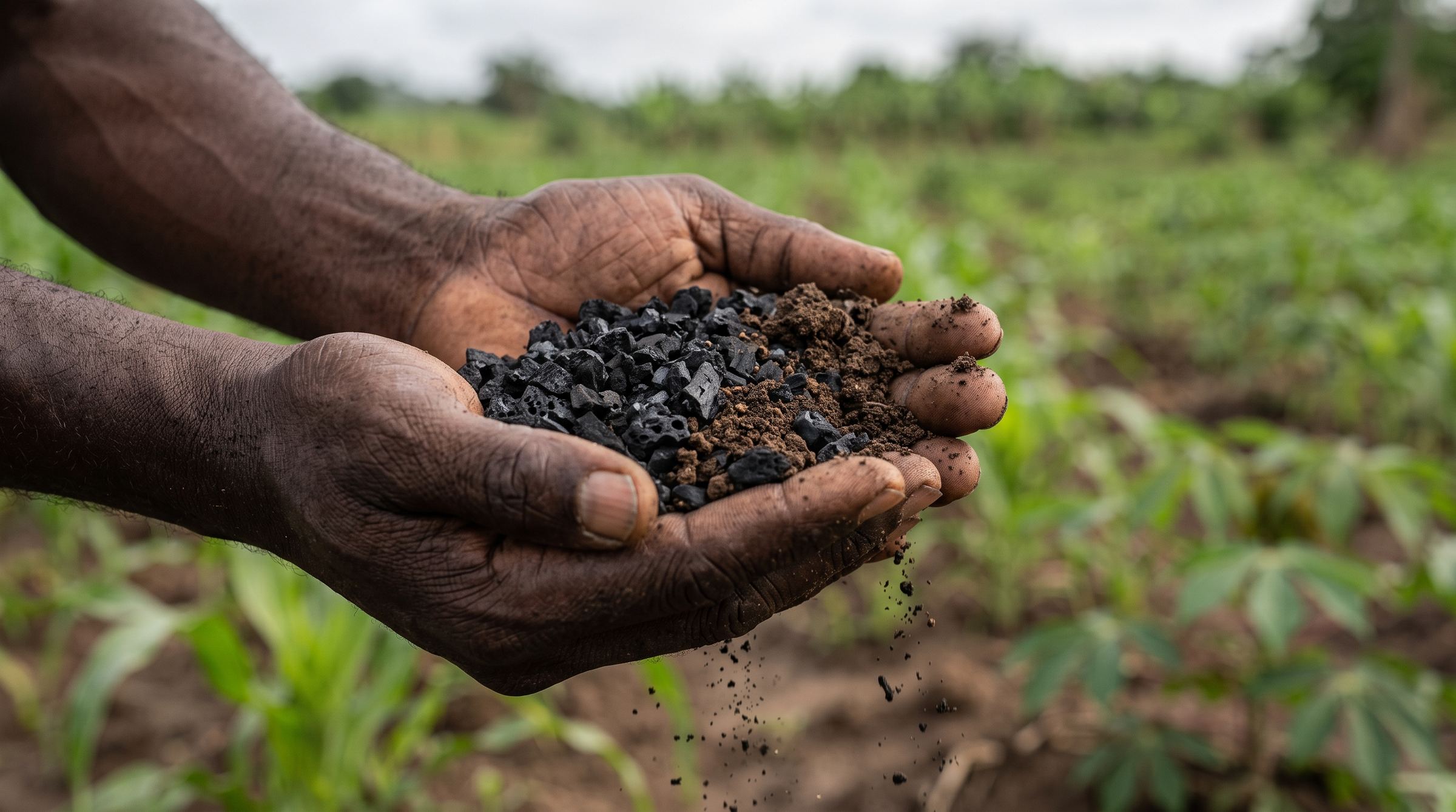 Illustration: cupped hands holding crumbly black biochar mixed with soil