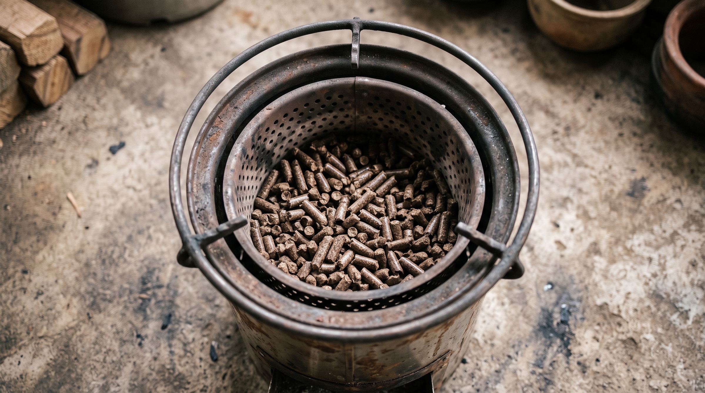Illustration: looking down into a metal pellet gasifier cookstove, chamber filled with unlit biomass pellets