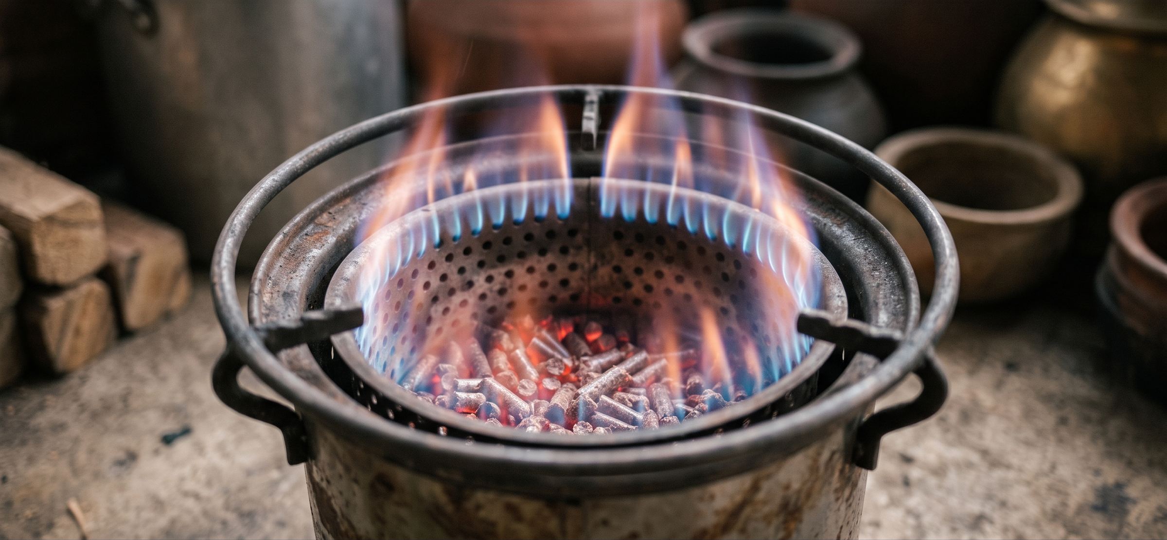 Illustration: a lit gasifier cookstove, clean blue-and-orange flame ringing the top of the chamber