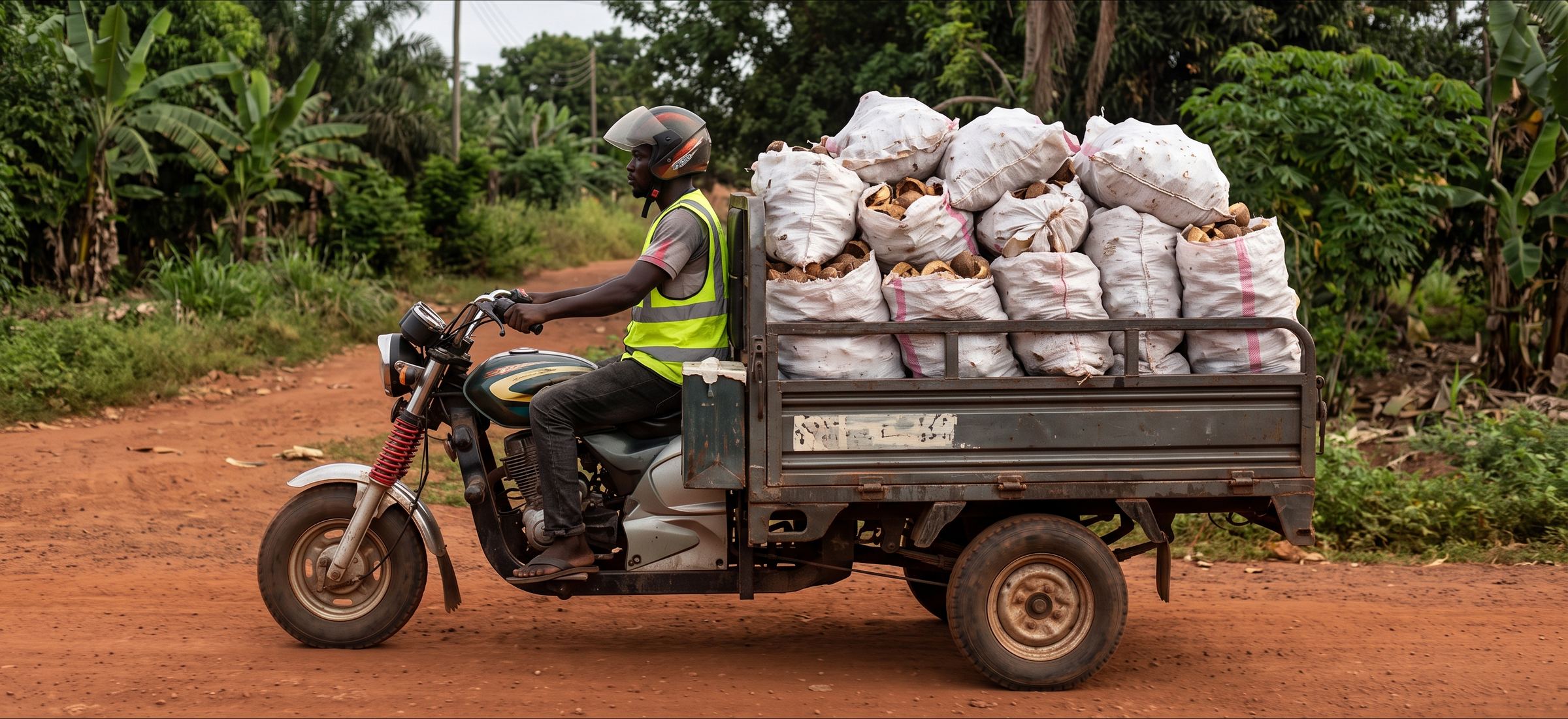 Illustration: an aboboyaa rider in a reflective vest carrying sacks of coconut shells on a red-earth road