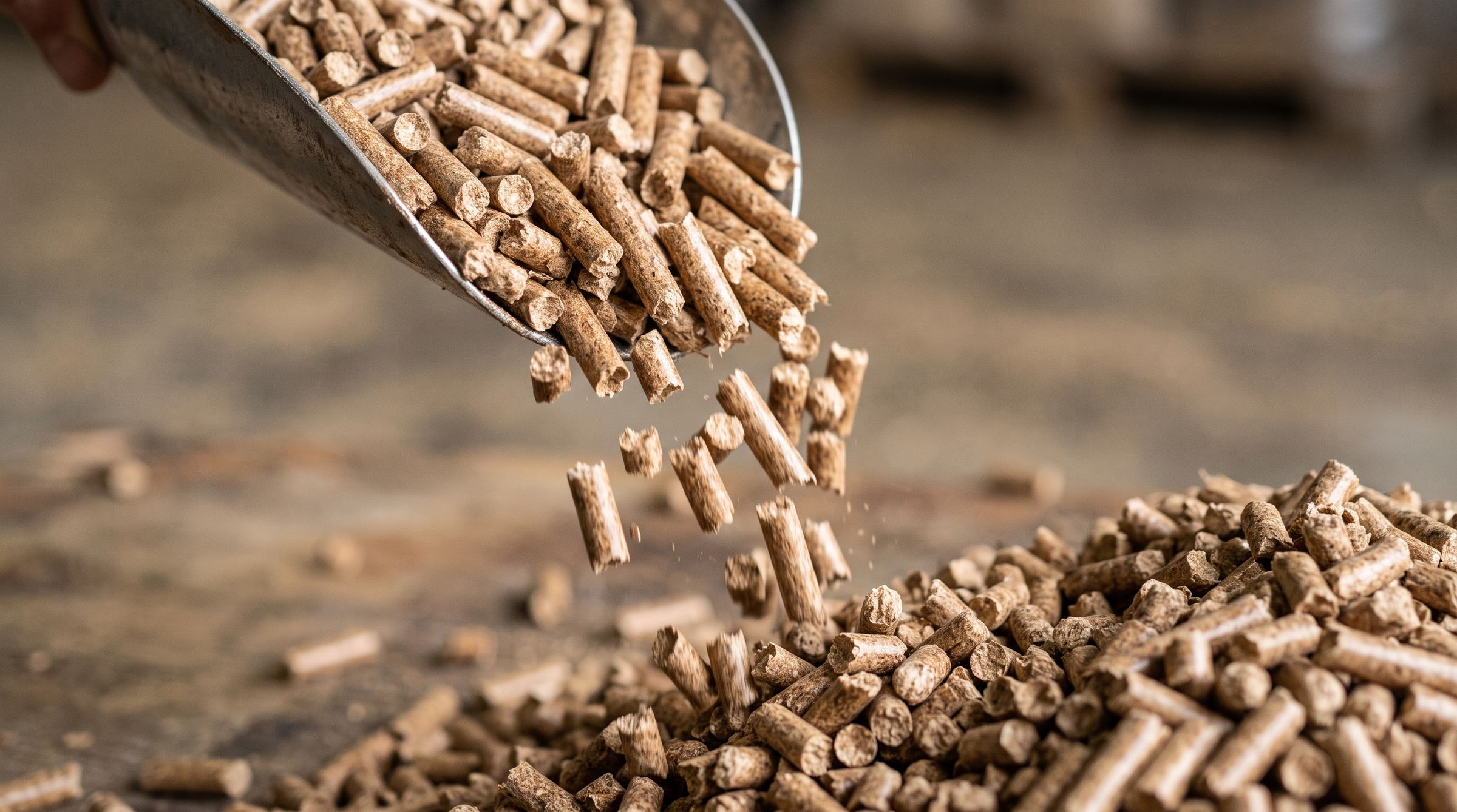 Illustration: brown biomass pellets pouring from a metal scoop onto a pile